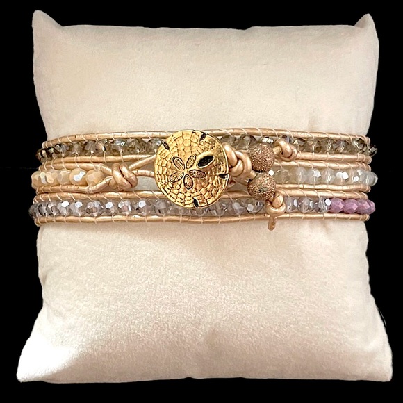 Metallic Leather Wrap Anklet Bracelet Hand Made with Sand Dollar Seashell Clasp - Picture 1 of 8